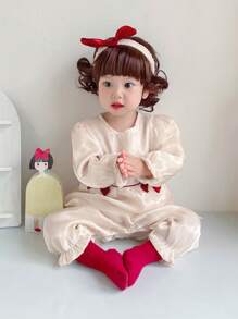 Peninsula Baby Baby Girl Solid Ruffle Trim Jumpsuit With Headband - Apricot - View 1