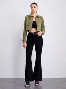 SHEINNeu Solid Button Front Crop Trench Coat - Army Green - View 4