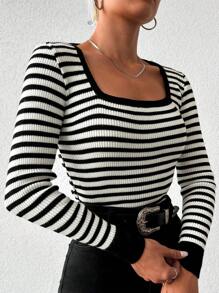 EURMUSE Striped Print Square Neck Tee - Black and White - View 4