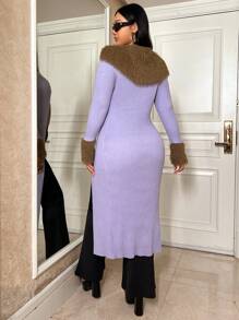 SHEIN ICON Plus Fuzzy Cuff Ribbed Knit Cardigan - Mauve Purple - View 2