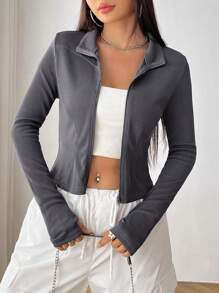 SHEIN EZwear Zip Up Crop Jacket - Dark Grey - View 3