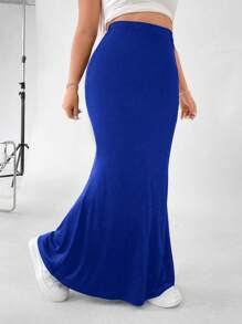 Flirla 大碼素色魚尾短裙 - 寶藍色 - 查看 1