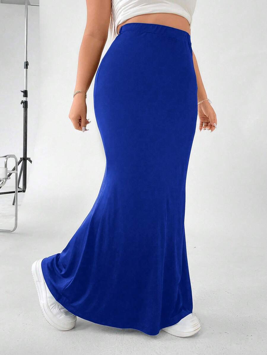 Flirla 大碼素色魚尾短裙 - 寶藍色 - 查看 1