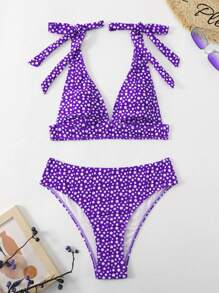 Conjunto bikini de estampado floral pequeño con tirantes ajustables - Morado - Ver 3