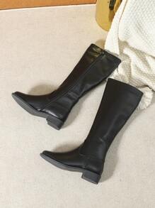 女士时尚过膝长靴，黑色侧拉链百搭高筒靴，圆头粗跟长筒舒适冬靴，女士马术靴，派对靴 - 黑色 - 查看 7