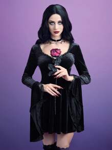 ROMWE PUNK Velvet Contrast Lace Flounce Sleeve Dress - Black - View 6