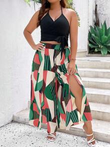 SHEIN LUNE Plus Solid Halter Top & Geo Print Split Thigh Pants - Multicolor - View 3