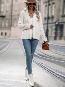 SHEIN LUNE 素色落肩袖毛茸邊麻花編織開襟開衫 - 米色 - 查看 3