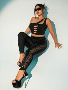 SHEIN ICON 大碼側邊鏤空緊身打底褲 - 黑色 - 查看 5