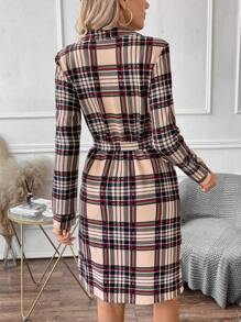 SHEIN Clasi 格紋印花前拉鏈繫腰帶洋裝 - 彩色 - 查看 2