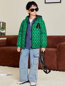 SHEIN Tween Boy Letter Patched Hooded Puff Coat