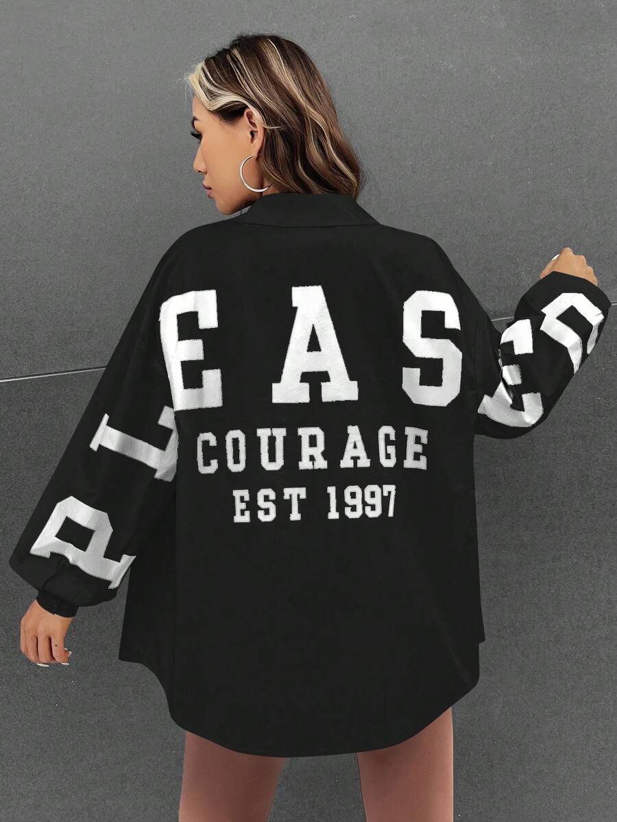 SHEIN EZwear 字母圖案落肩袖襯衫 - 黑色 - 查看 1