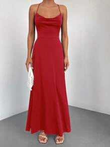 EURMUSE Draped Collar Split Thigh Cami Dress - Red - View 5