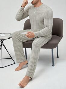 Men Button Front Tee & Pants Lounge Set - Apricot - View 4