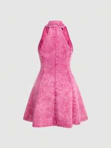 SHEIN MOD V領喇叭下擺牛仔洋裝 - 玫紅色 - 查看 2