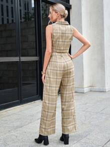 SHEIN BIZwear 格紋印花馬甲西裝外套&闊腿褲不附腰帶 - 卡其色 - 查看 4