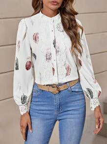 SHEIN Clasi 羽毛印花水溶蕾絲拼接燈籠袖上衣 - 白色 - 查看 1