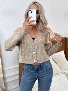 SHEIN Essnce Cable Knit Drop Shoulder Button Front Cardigan - Apricot - View 3