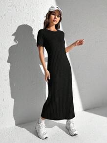 SHEIN EZwear Vestido unicolor de muslo con abertura tejido de canalé - Negro - Ver 5