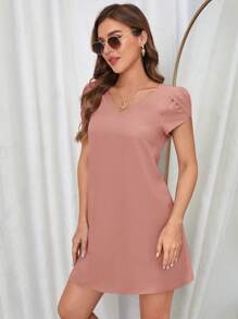 SHEIN Clasi 花瓣袖V領直筒洋裝 - 藕粉色 - 查看 3