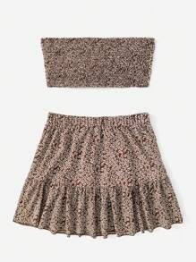 Soleia Ditsy Floral Tie Front Tube Top & Ruffle Hem Skirt - Coffee Brown - View 2