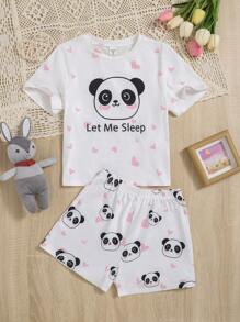 SHEIN Leap Crew Tween Girl Panda & Slogan Graphic Tee & Shorts PJ Set - Multicolor - View 1