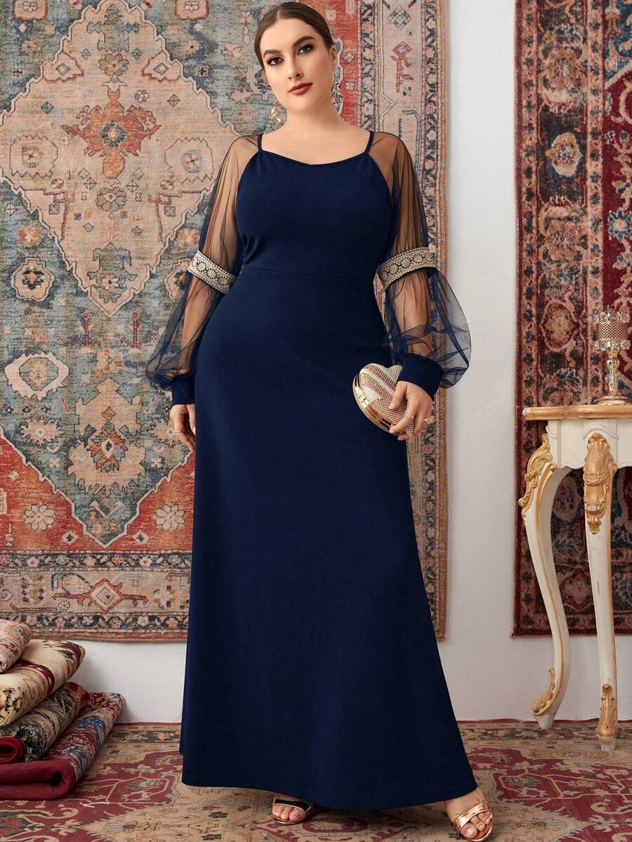 SHEIN Belle Plus Contrast Mesh Lantern Sleeve Sweetheart Neck Bridesmaid Dress - Navy Blue - View 1