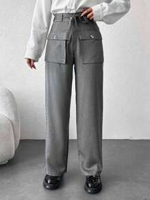 EURMUSE Flap Pocket Belted Straight Leg Pants - Dark Grey - View 1