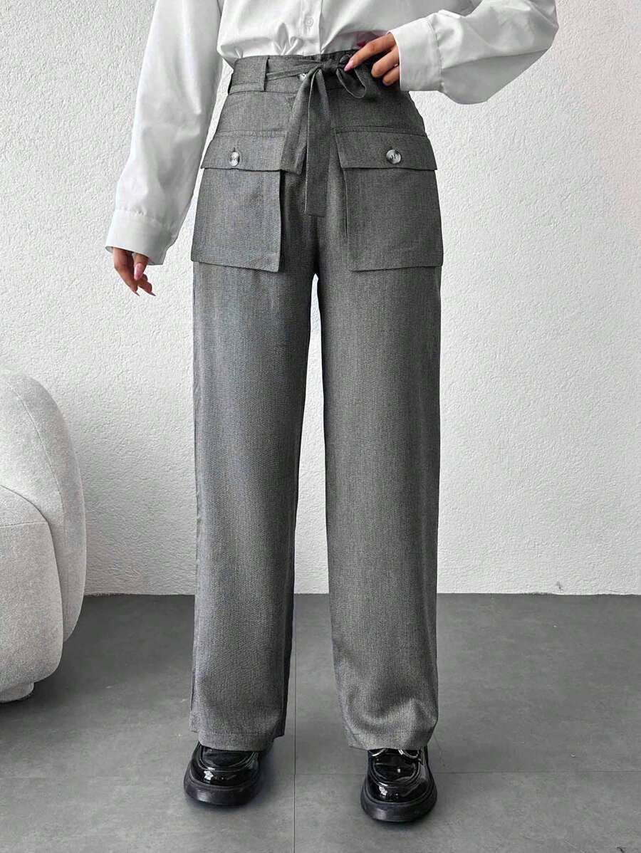 EURMUSE Flap Pocket Belted Straight Leg Pants - Dark Grey - View 1