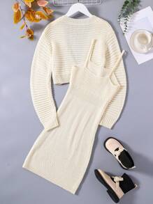 SHEIN Cô gái Tween Thả vai Áo len Mở & Váy len yếm - Màu be - Xem 2