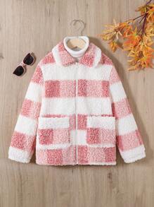SHEIN Tween Girl Buffalo Plaid Pattern Dual Pocket Zipper Teddy Coat Without Sweater - Multicolor - View 1