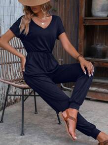 SHEIN Clasi Solid Knot Front Slant Pocket Tee Jumpsuit - Blue - View 3