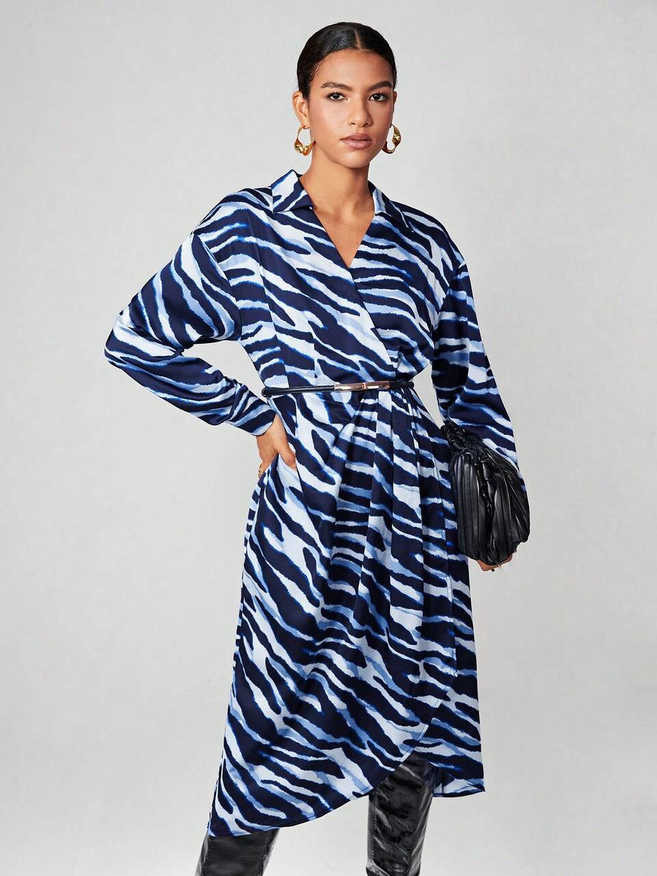 SHEIN Maija Zebra Striped Drop Shoulder Shirt Dress Without Belt