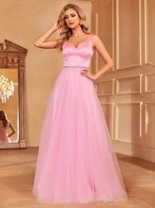 Sweetheart Contrast Mesh Formal Dress - Pink - View 4