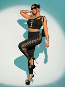 SHEIN ICON 大碼側邊鏤空緊身打底褲 - 黑色 - 查看 2