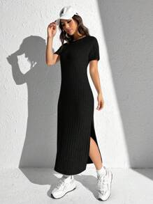 SHEIN EZwear Vestido unicolor de muslo con abertura tejido de canalé - Negro - Ver 4