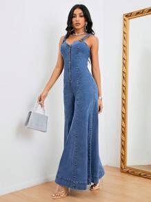 SHEIN Privé Button Front Wide Leg Denim Jumpsuit - Medium Wash - View 4