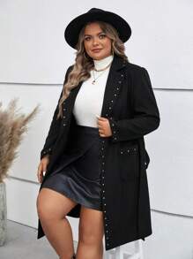 SHEIN Clasi Plus Studded Detail Belted Overcoat - Black - View 3