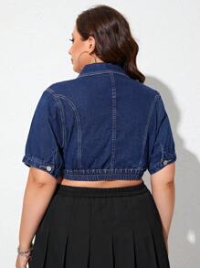 SHEIN Essnce Plus Flap Pocket Crop Denim Jacket - Dark Wash - View 2