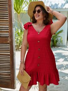 SHEIN LUNE Plus Tie Shoulder Fake Button Ruffle Hem Summer Outfits Dress