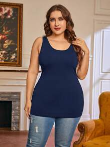 SHEIN LUNE Plus Size Women Christmas Jesień I Zima Ciemnoszary Prążkowany Tkanina U Dekolt Bazowy Tank Top