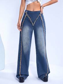SHEIN ICON Jeans ribete crudo de pierna ancha - Azul lavado medio - Ver 4