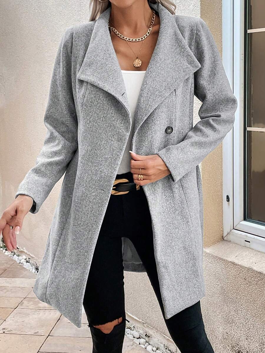SHEIN LUNE Waterfall Collar Belted Overcoat - Grey - View 1