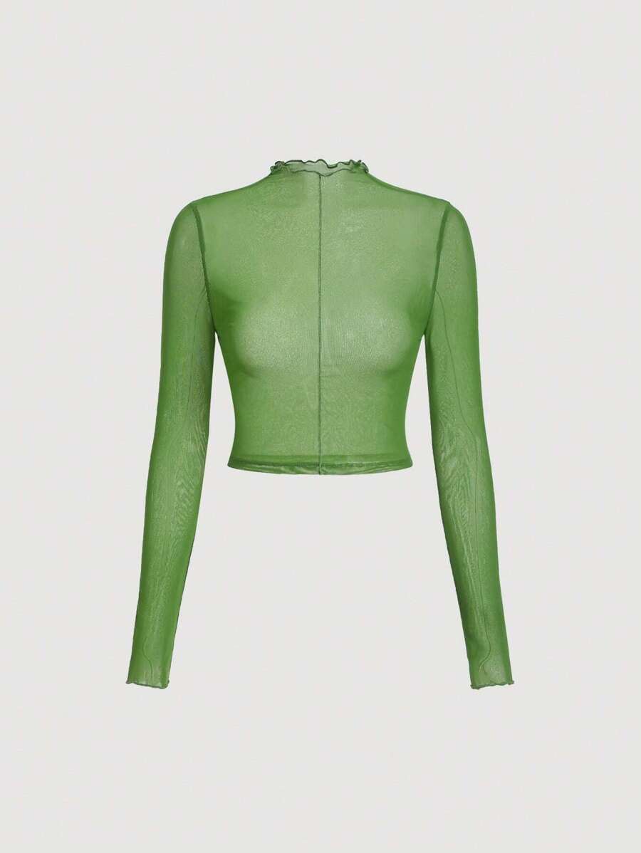 SHEIN MOD Lettuce Trim Mesh Top - Green - View 1