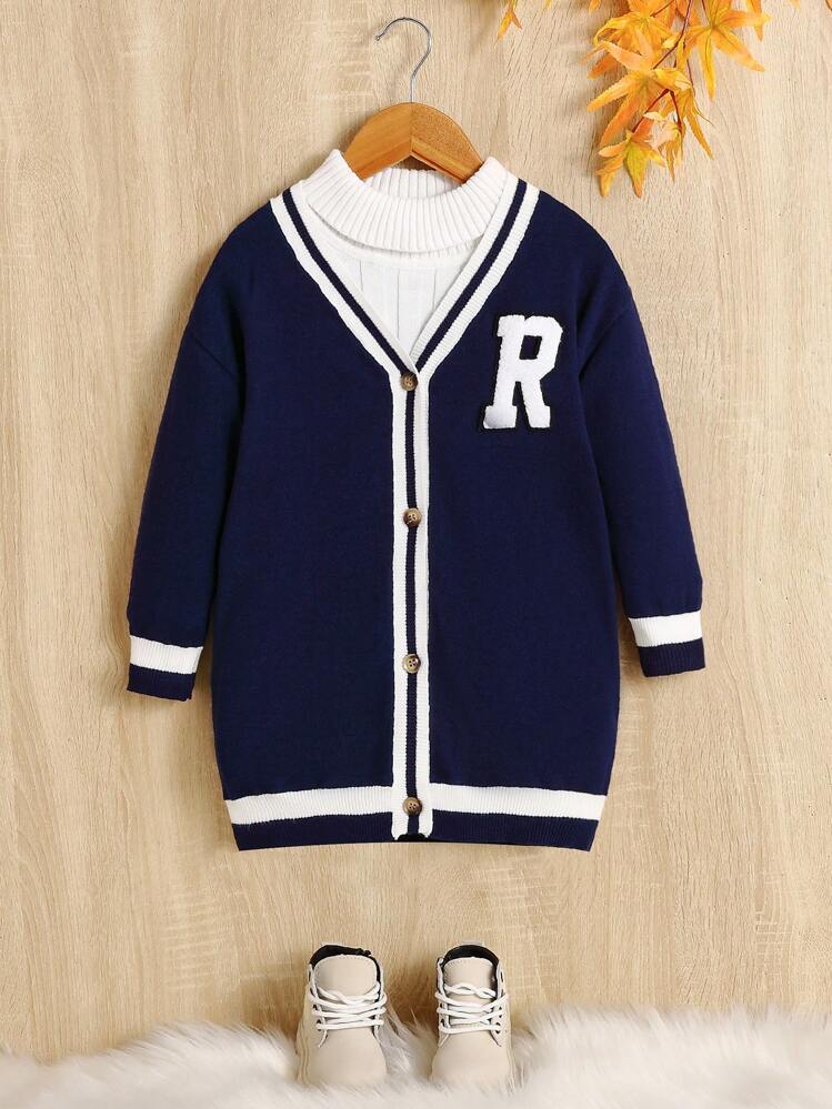 SHEIN Suéter tipo cárdigan con cuello en V y manga larga, informal, holgado, para chica joven - Azul Marino - Añade 1