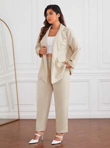 SHEIN Essnce Plus Solid Blazer & Pants - Beige - View 3