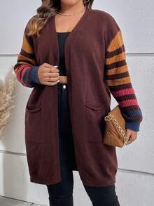 SHEIN LUNE Áo khoác cardigan họa tiết sọc cỡ lớn thả vai - Màu nâu Sô-cô-la - Xem 3