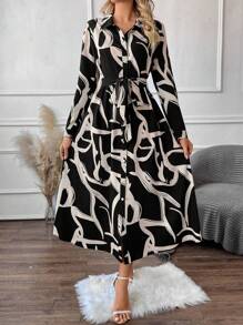 SHEIN Clasi Vestido camisero con estampado todo sobre con cinturón - Multicolor - Ver 3
