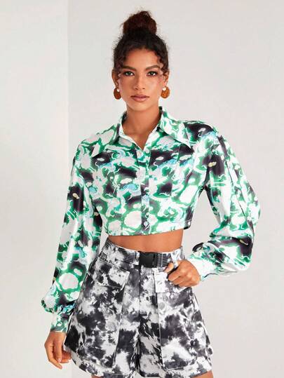 LUC WANG Designer Business Casual Allover Print Long Sleeve Crop Shirt, For Holiday, Vacation, Spring, Beach, Festival, Ibiza Fits, Office
