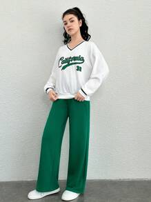 Teen Girl Letter Graphic Drop Shoulder Pullover & Sweatpants - Multicolor - View 4
